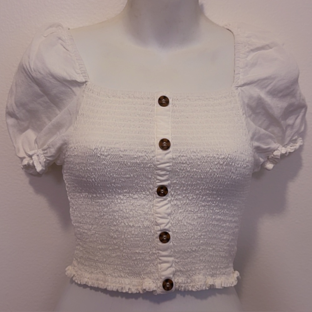 Love Tree White Smocked Puff Sleeve Crop Top with Brown Buttons
